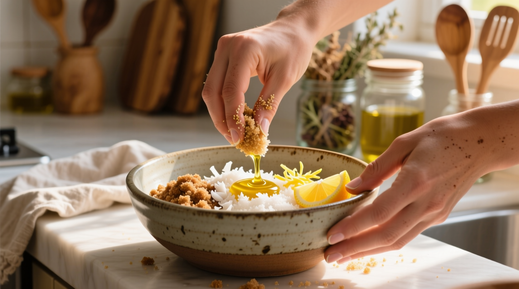 Hands mixing sugar scrub ingredients in ceramic bowl