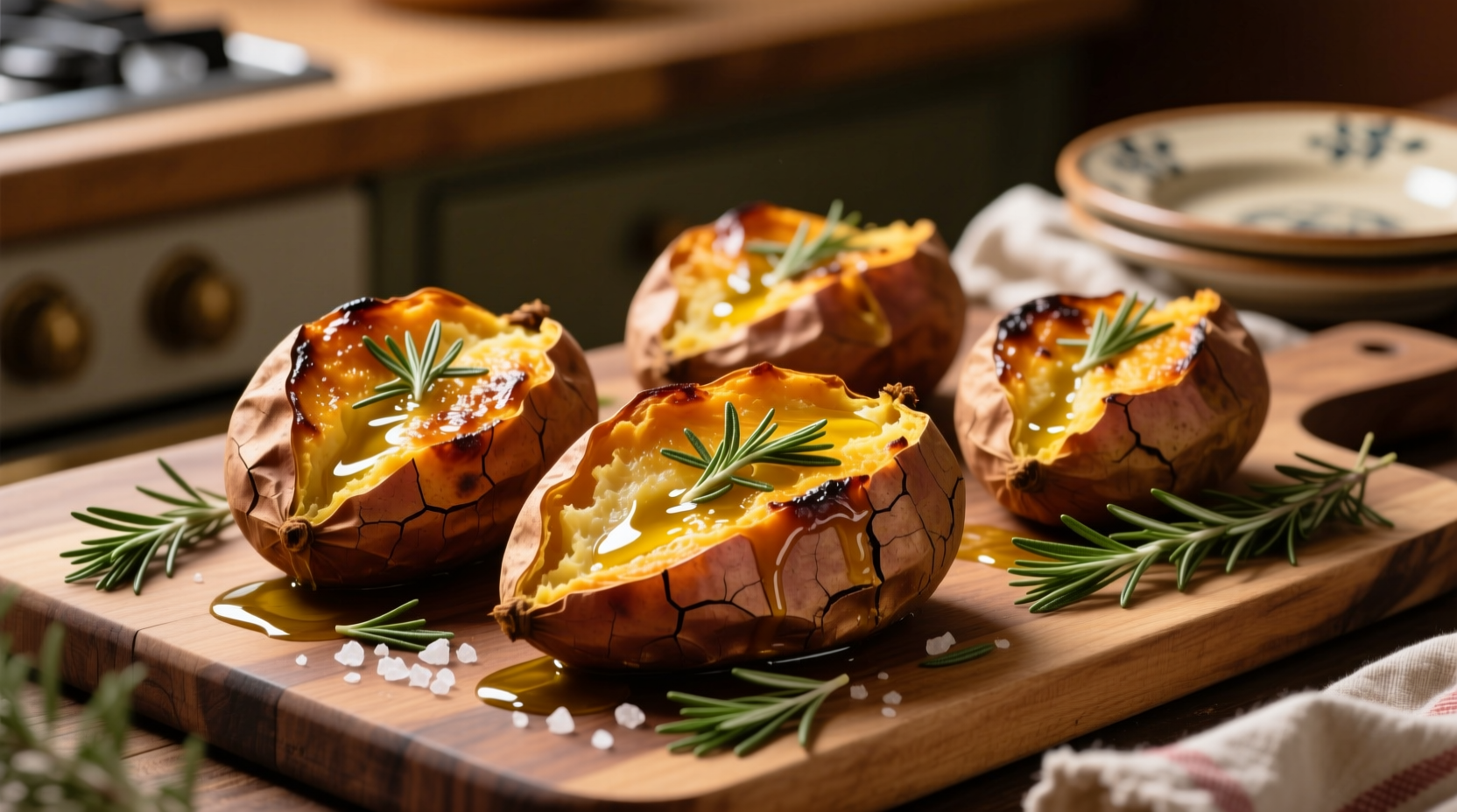 Golden baked sweet potatoes with rosemary and olive oil drizzle