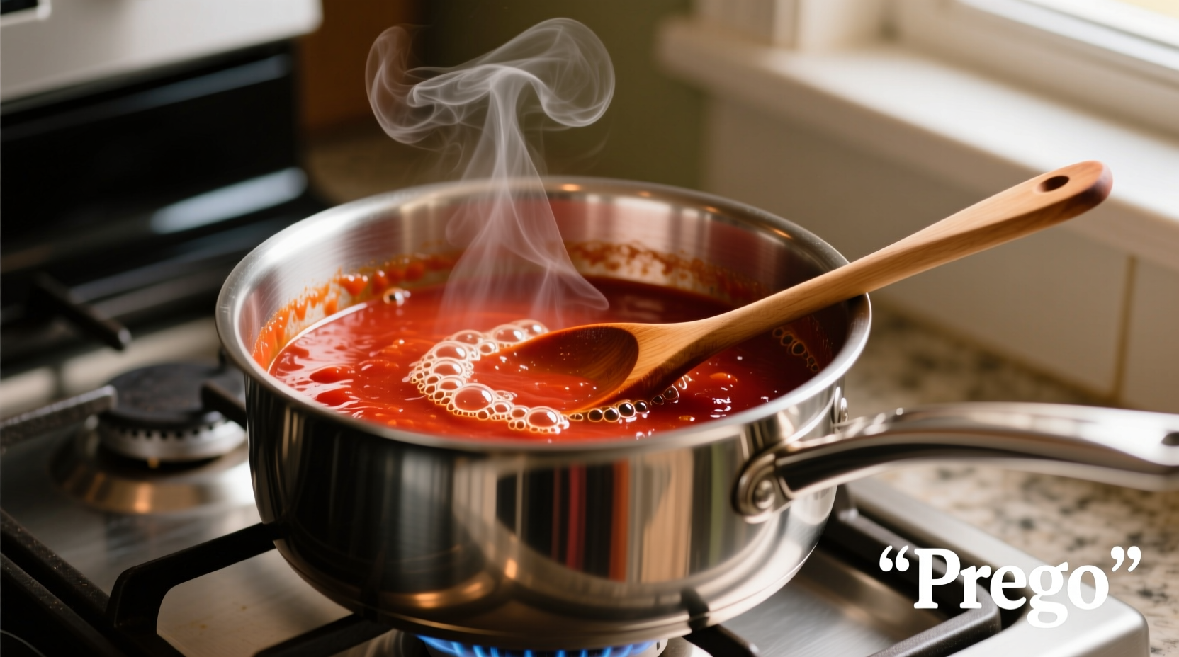 Prego tomato sauce simmering in a stainless steel pot
