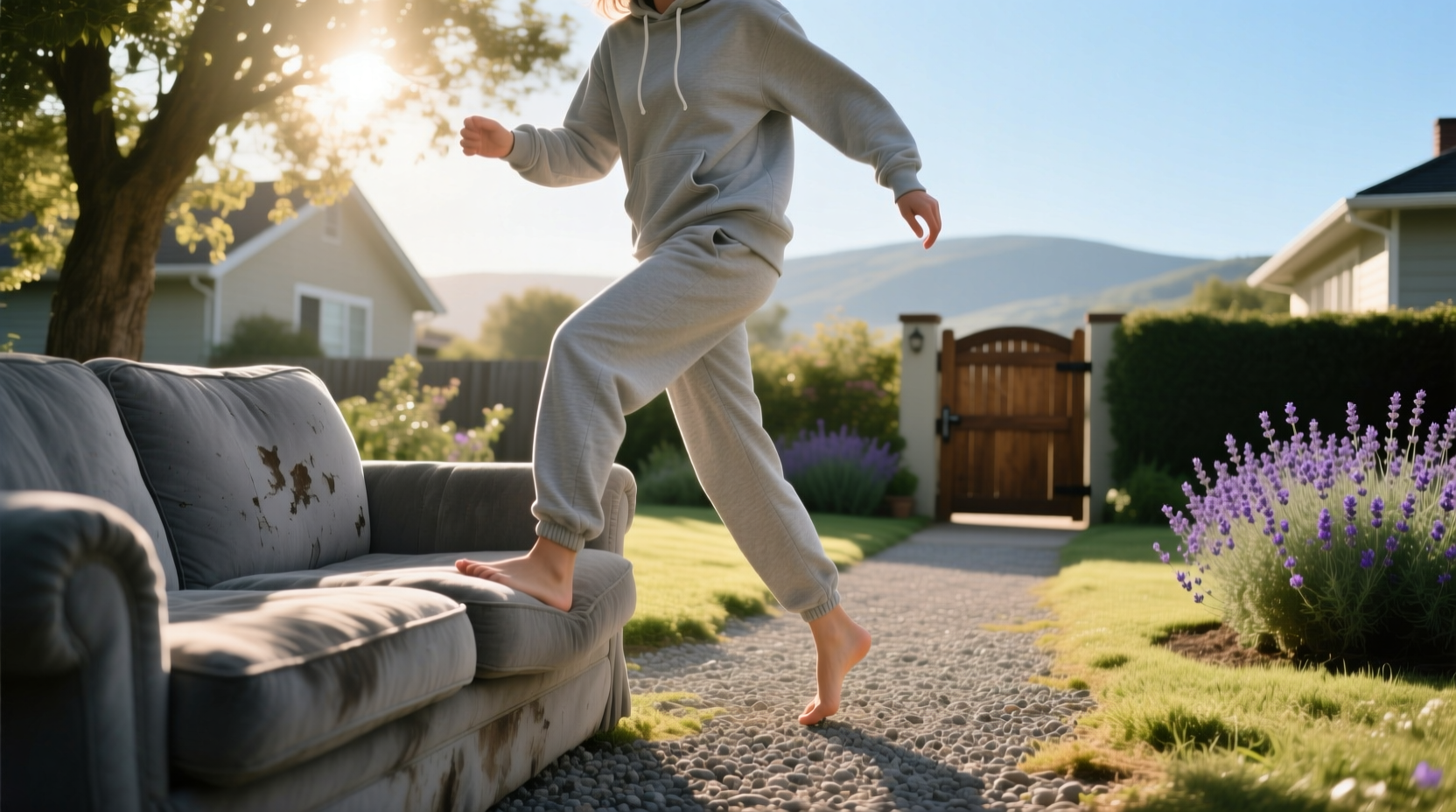 Person transitioning from couch to walking outdoors