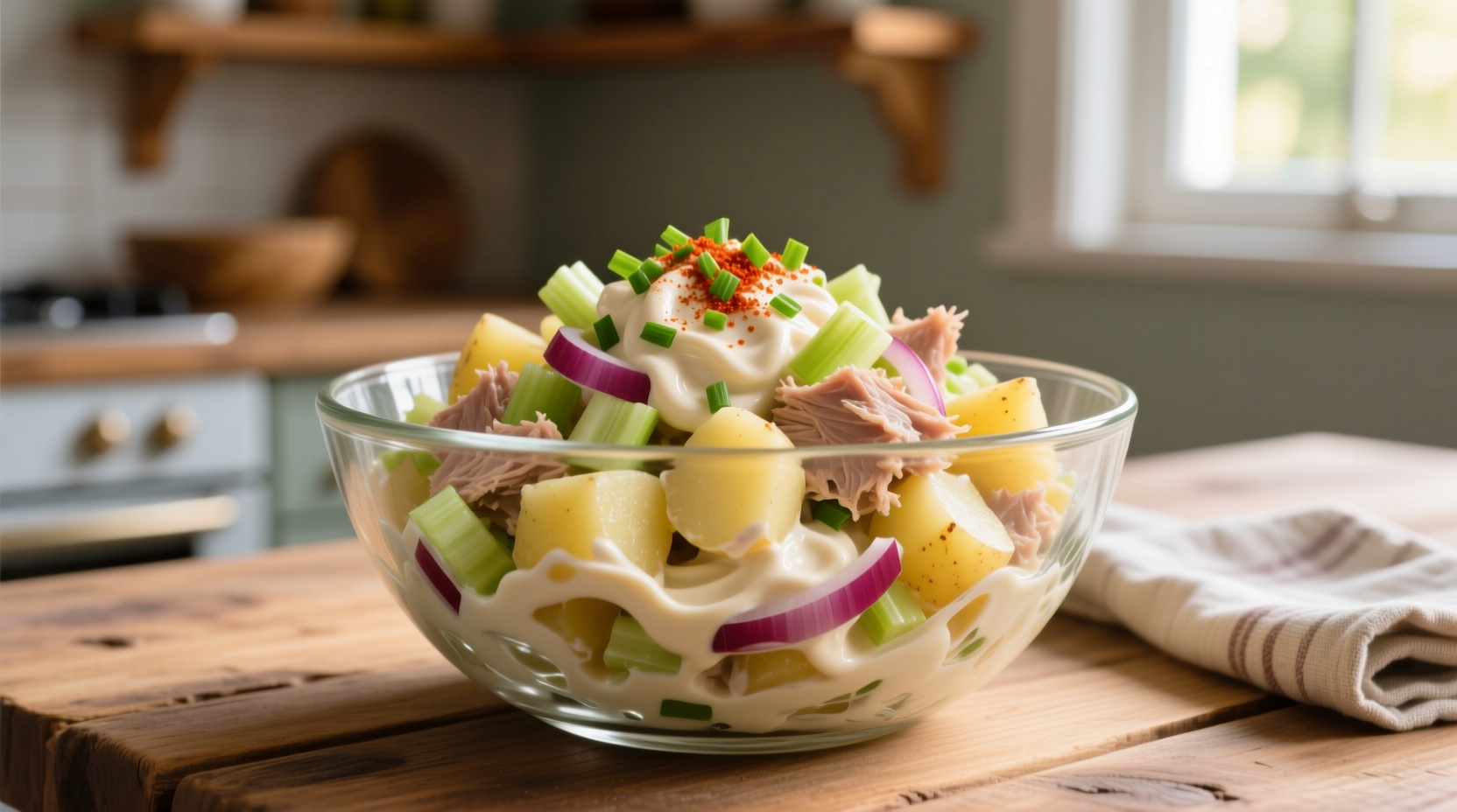 Creamy tuna and potato salad in glass bowl