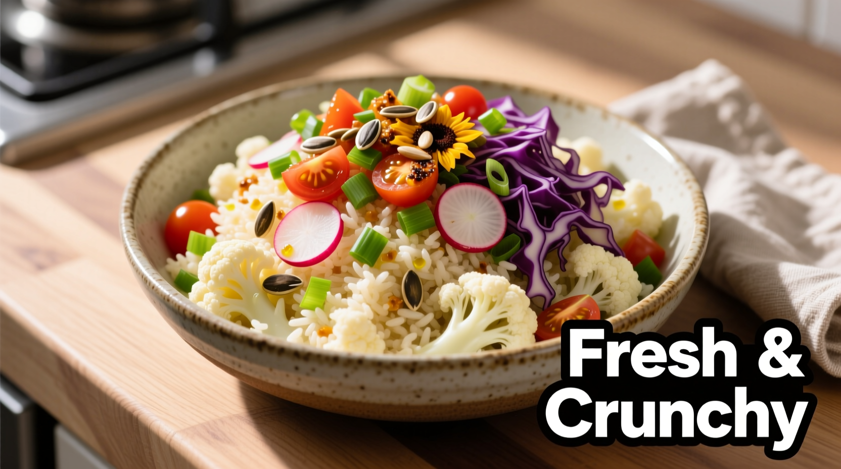 Fresh riced cauliflower in bowl with colorful vegetable toppings