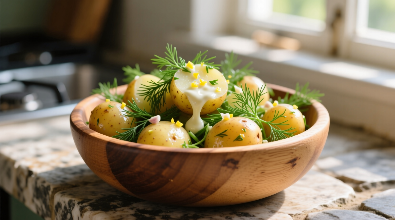 Fresh dill potato salad in wooden bowl