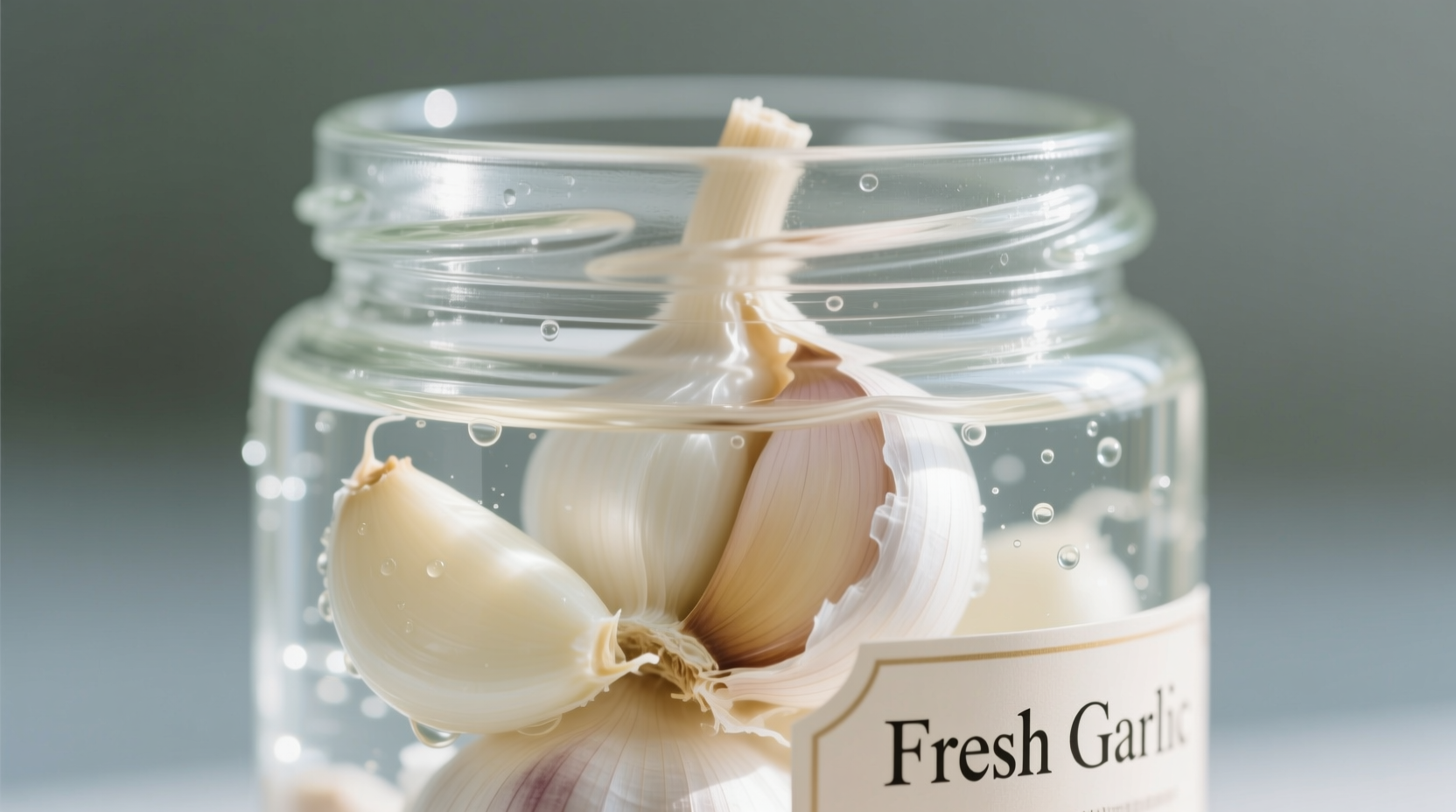Peeled garlic cloves in glass container with water