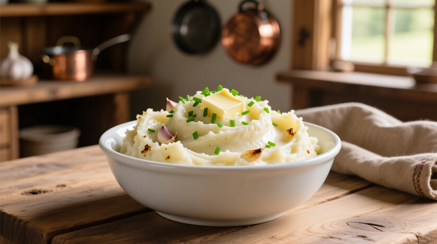 Creamy garlic mashed potatoes in white bowl