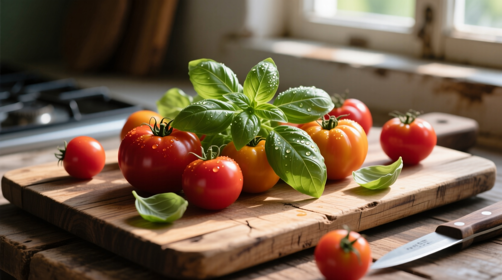 Fresh heirloom tomatoes and basil leaves on wooden board