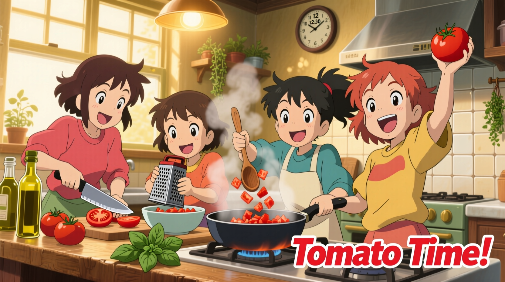Anime characters preparing tomatoes in cooking scene