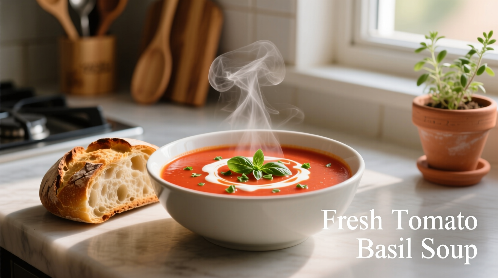 Fresh tomato basil soup with crusty bread