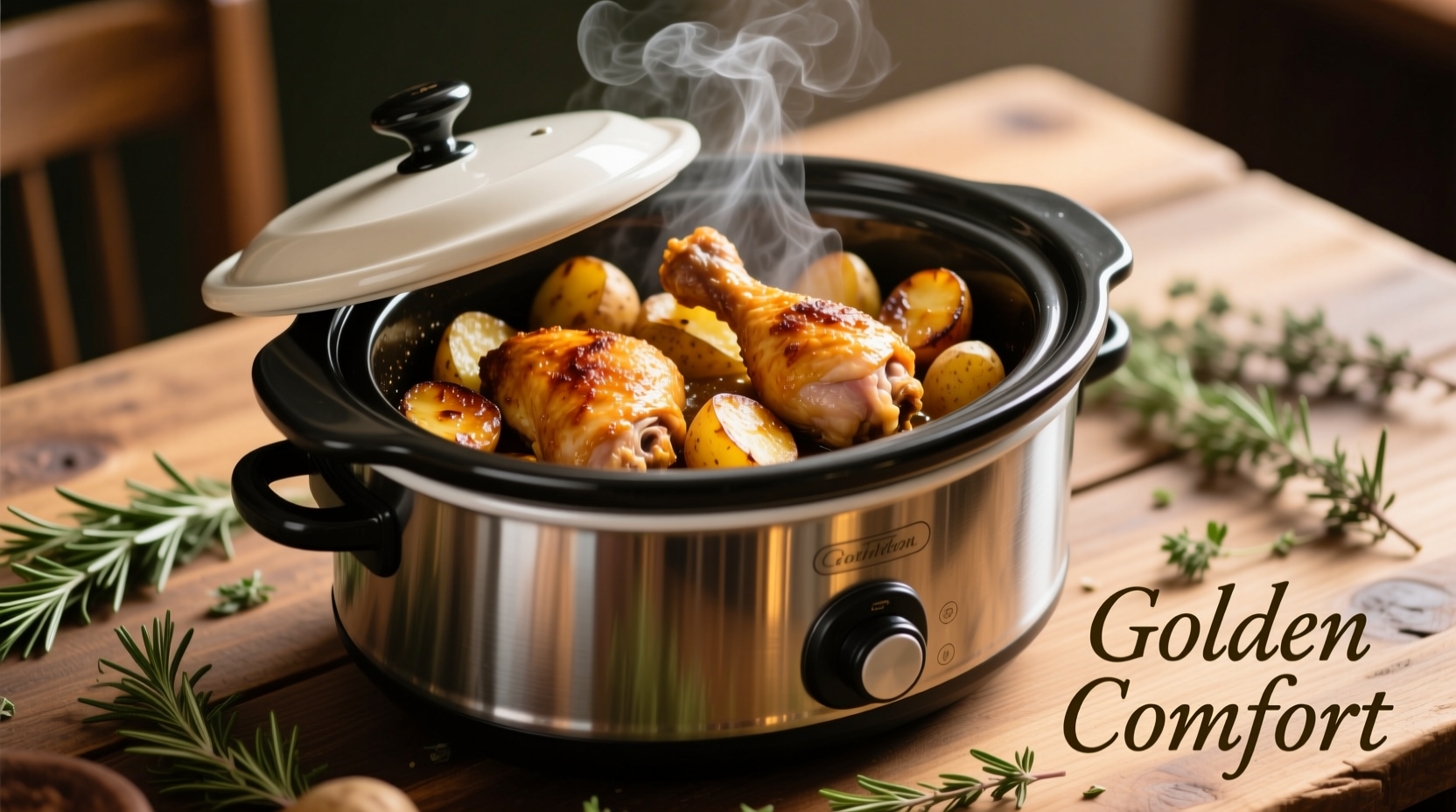 Slow cooker filled with golden chicken and potatoes