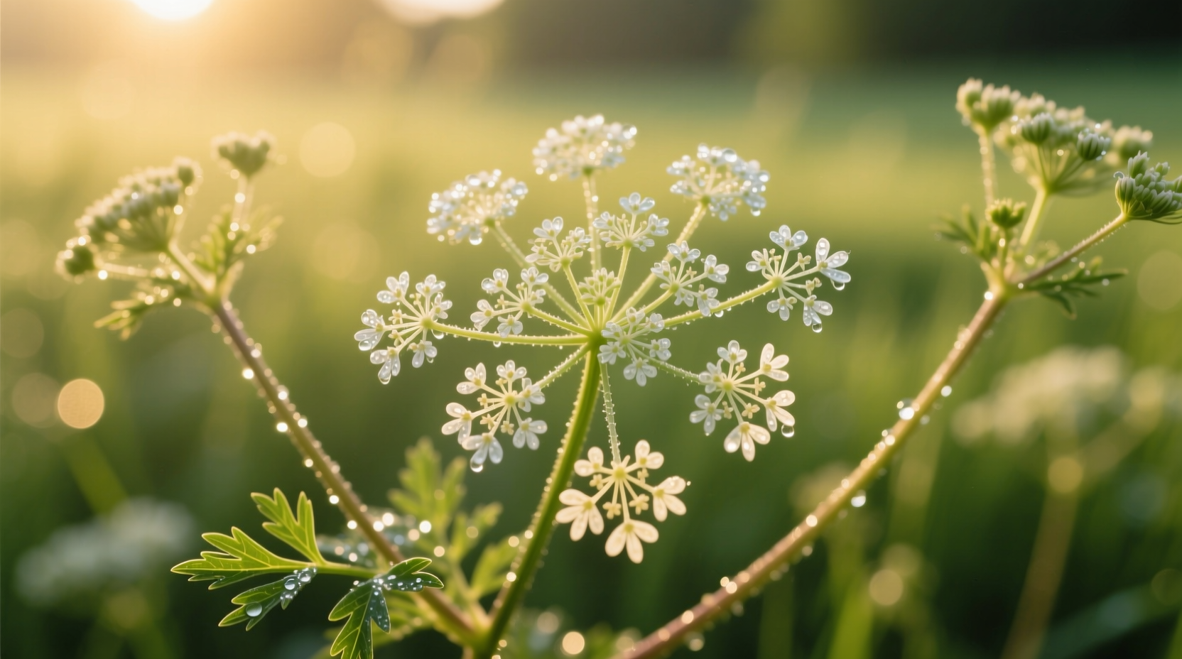 Cow parsley growing wild in a meadow with close-up leaf detail