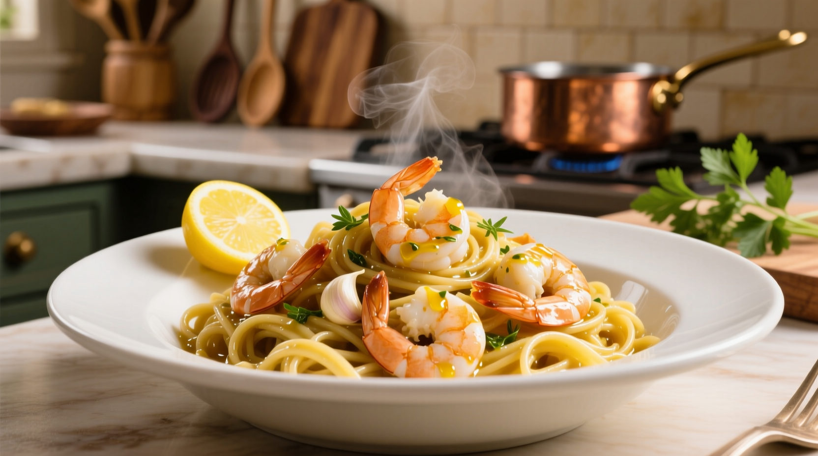Garlic shrimp scampi served over linguine with lemon wedge