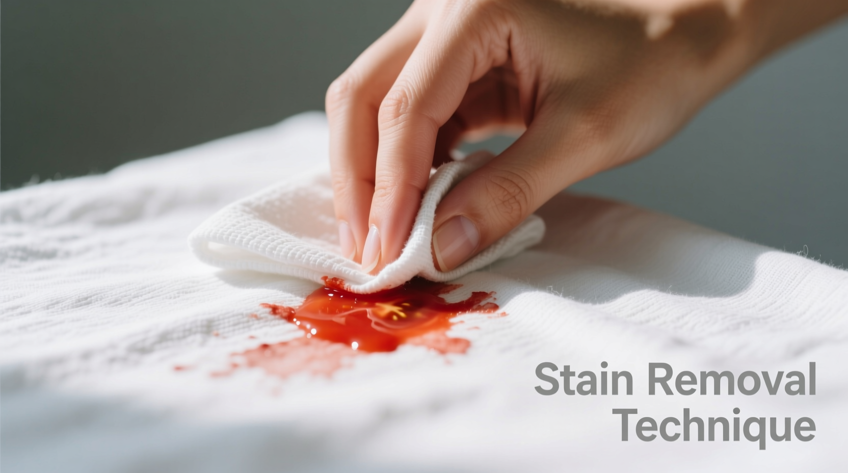 Hand blotting tomato stain on white fabric with cloth