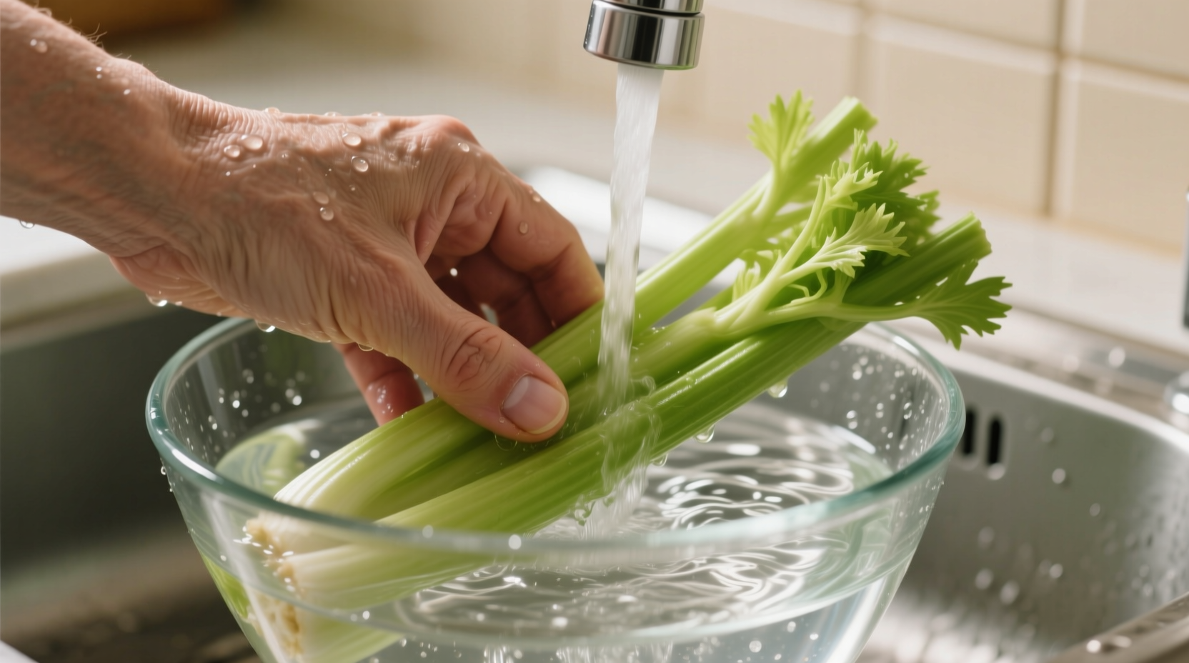 Hand scrubbing celery stalks in clear water bowl