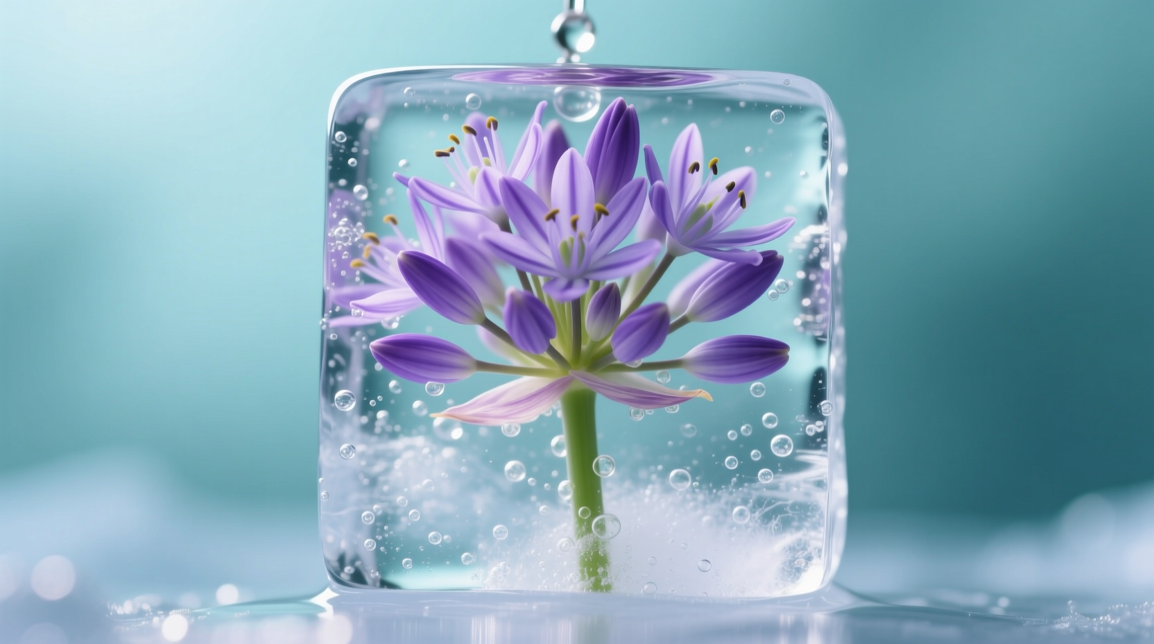 Perfectly bloomed flowering onion in ice water
