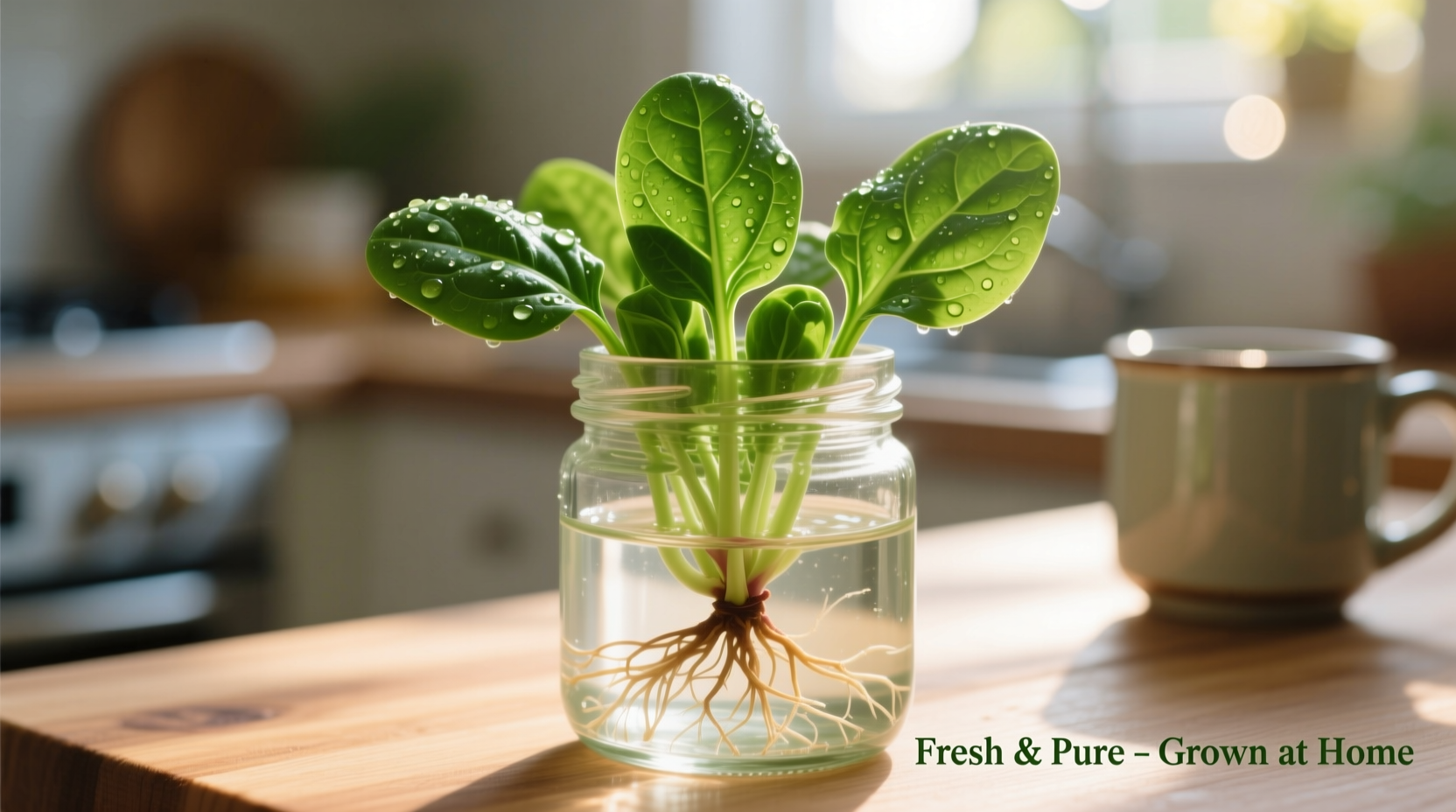 Spinach sprouts growing in glass jar with healthy green leaves