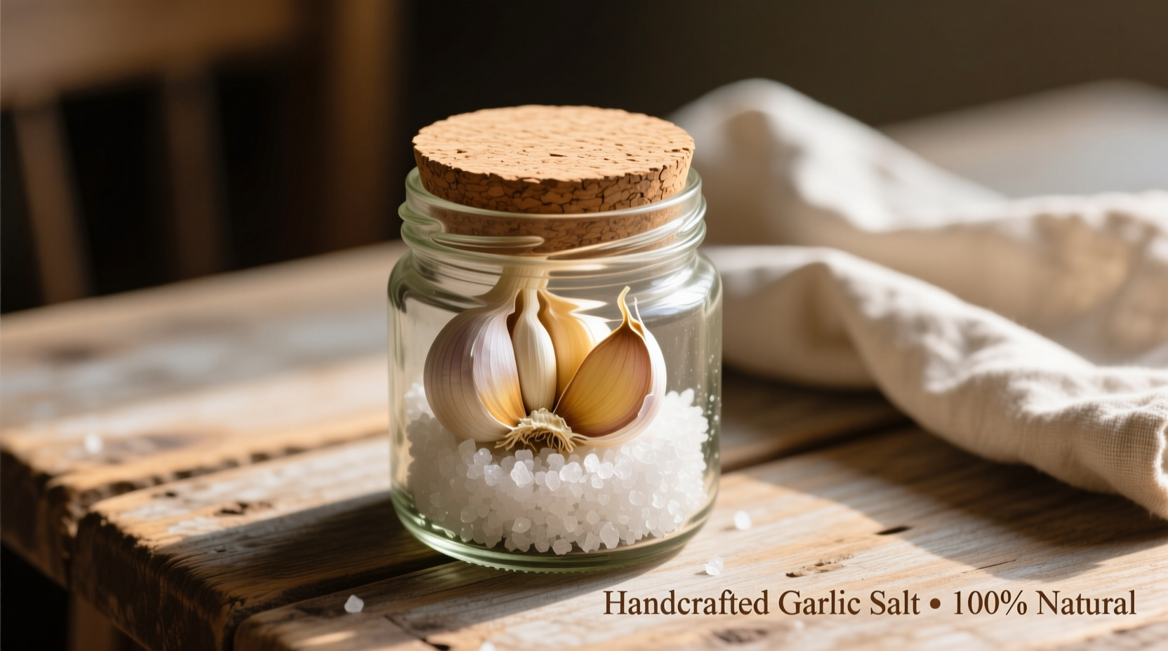 Homemade garlic salt in mason jar with fresh garlic cloves