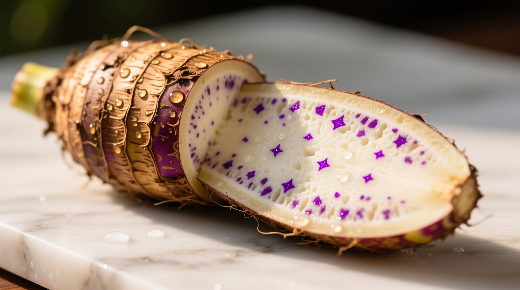 Fresh taro root with peeled section showing purple speckles