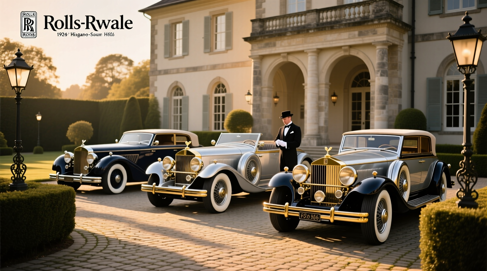 Vintage 1920s luxury car with polished chrome details and wide tires on cobblestone street