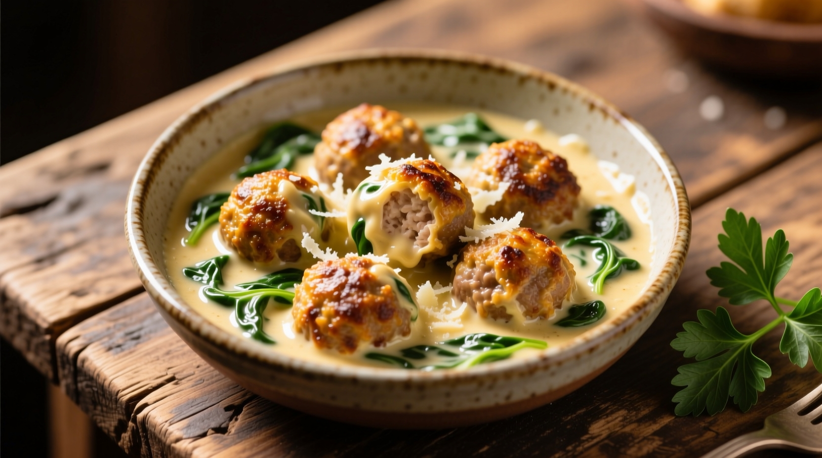 Golden chicken ricotta meatballs in creamy spinach alfredo sauce