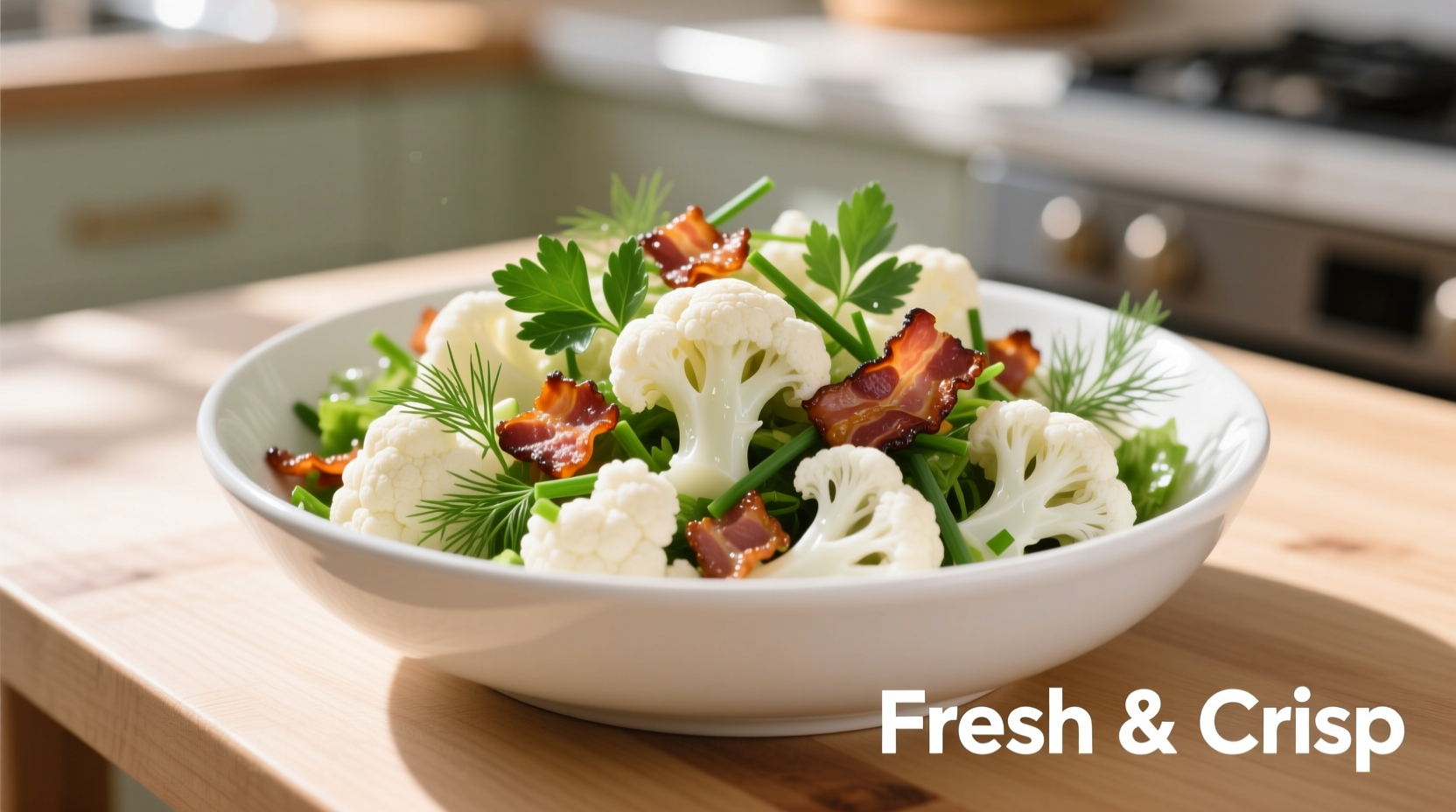 Cauliflower bacon salad in white bowl with fresh herbs
