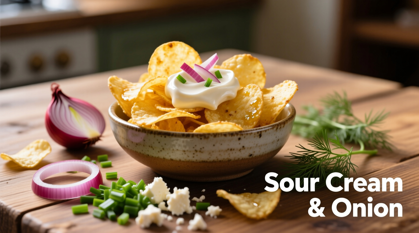 Sour cream onion lays chips in a bowl with fresh ingredients