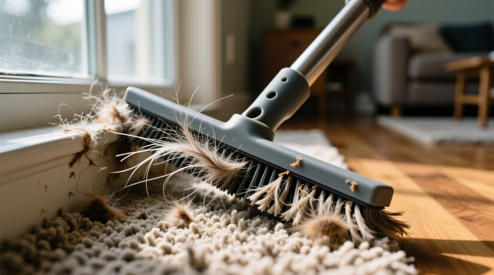 pull stubborn pet hair from carpets with a window squee
