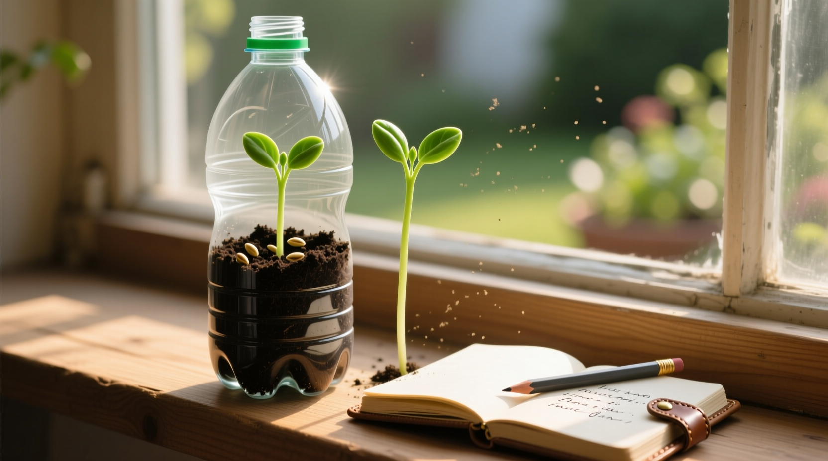 A clear 2-liter soda bottle cut in half, with the top inverted over the bottom half containing dark seed-starting mix and two emerging green seedlings; placed on a sunlit wooden windowsill beside a small notebook and pencil