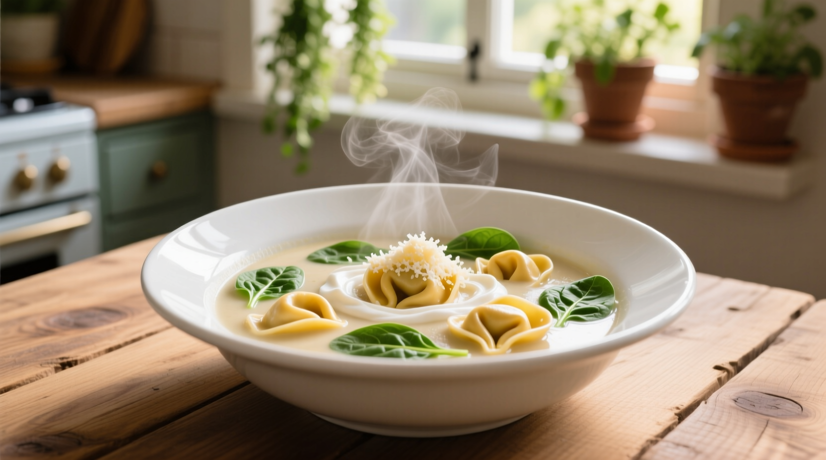 Creamy tortellini soup in white bowl with spinach