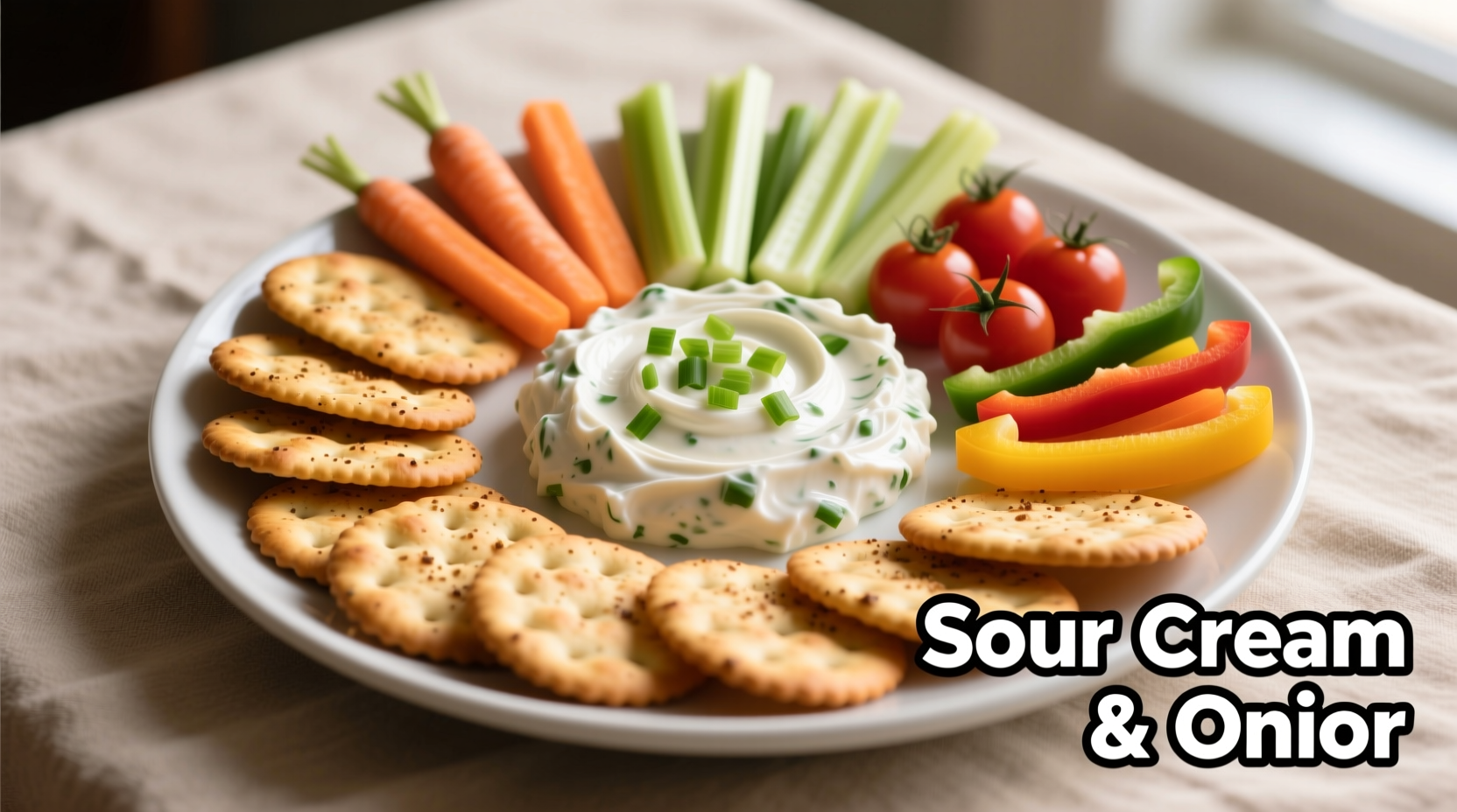 Sour cream and onion crackers arranged with dip and vegetables