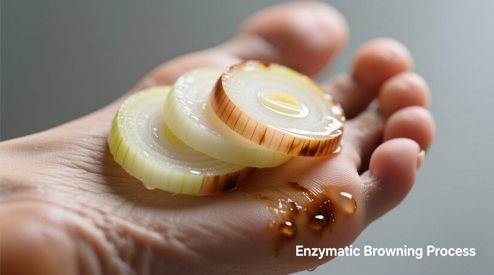 Raw onion slices placed on foot sole showing enzymatic browning