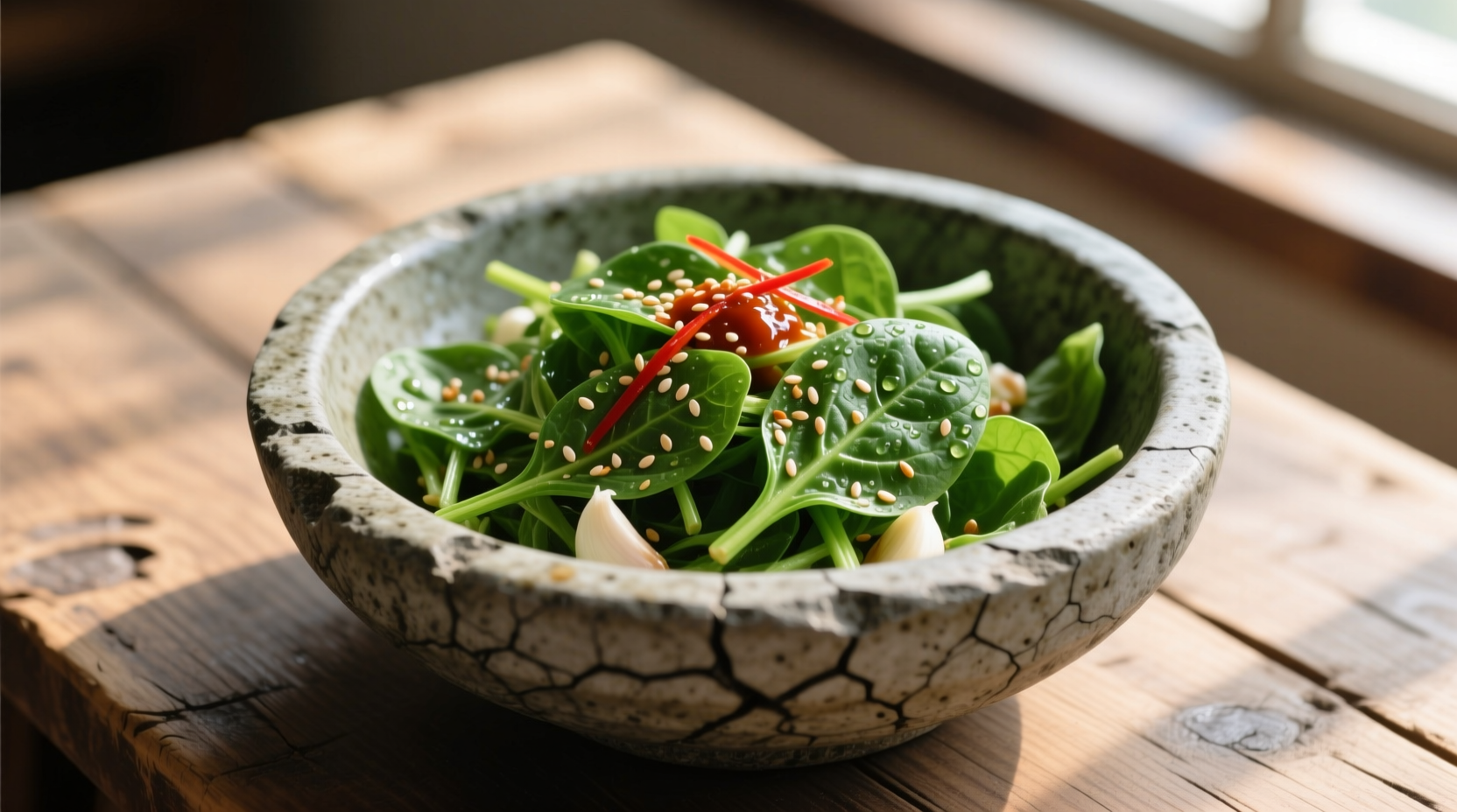 Fresh Korean spinach salad in traditional stone bowl