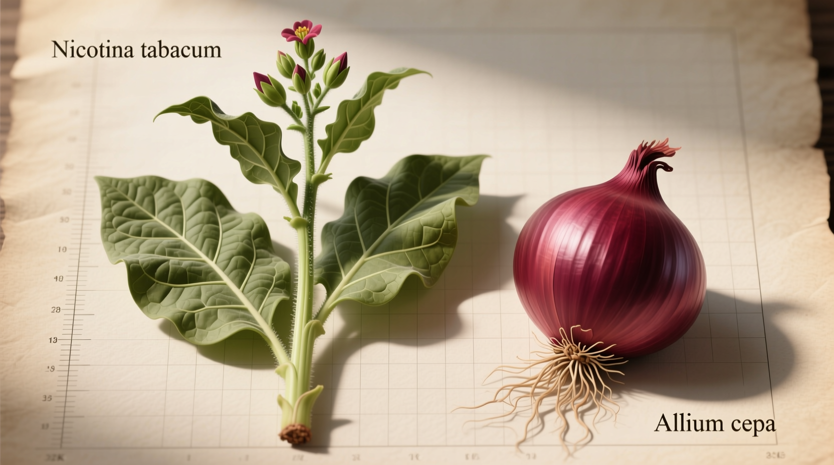 Tobacco plant and red onion side by side comparison