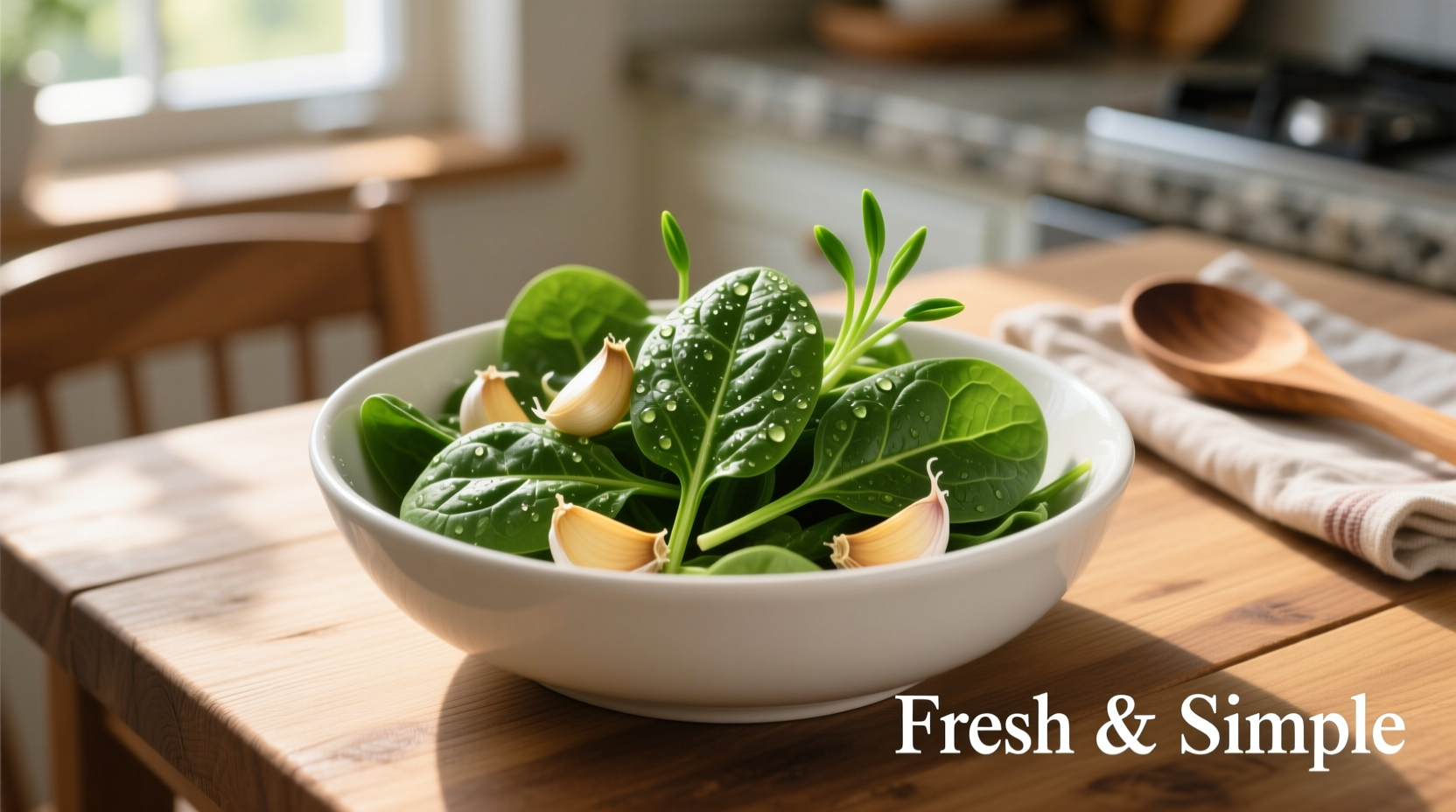 Fresh garlic spinach in white ceramic bowl
