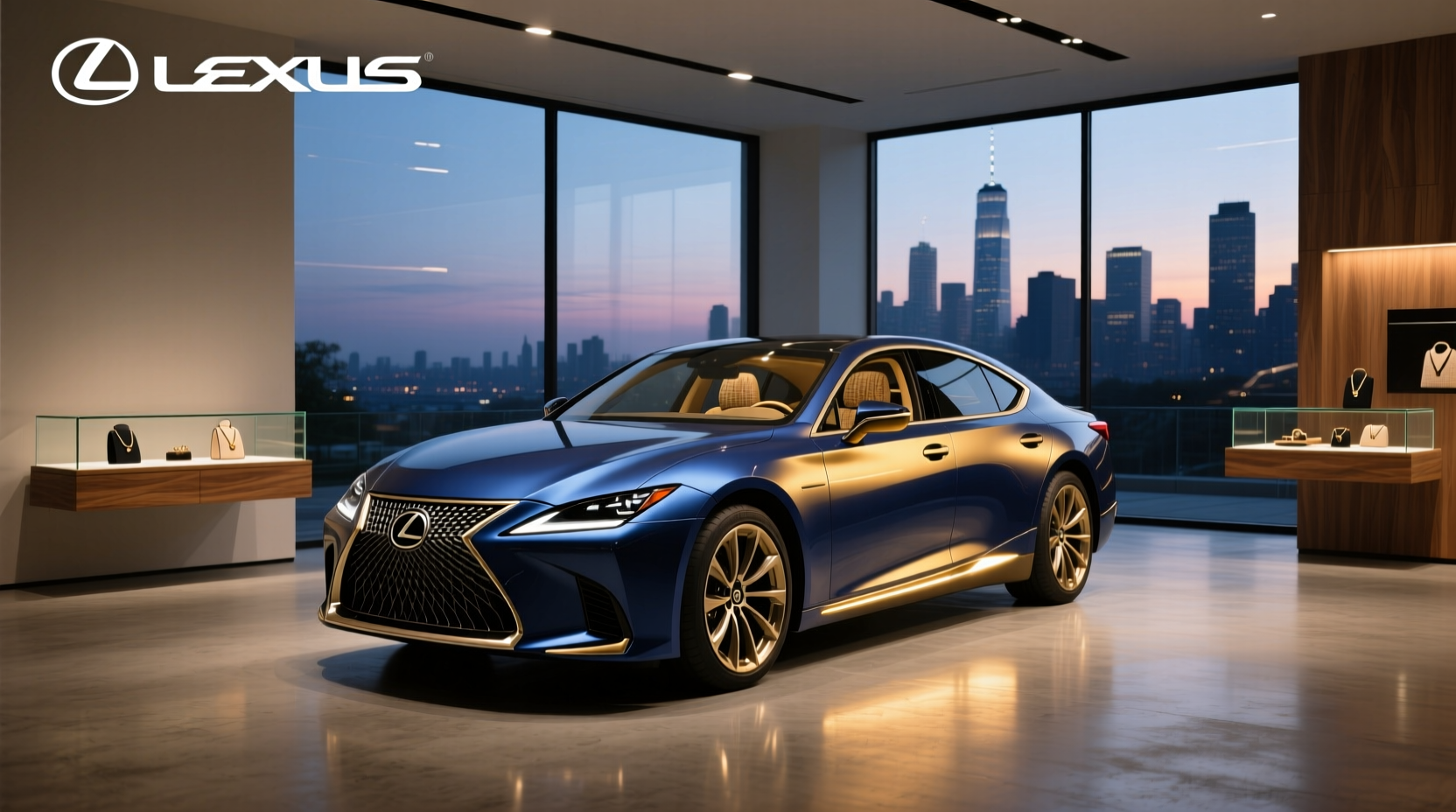 Lexus sedan interior with ambient lighting glowing in blue tone along footwell and door panels