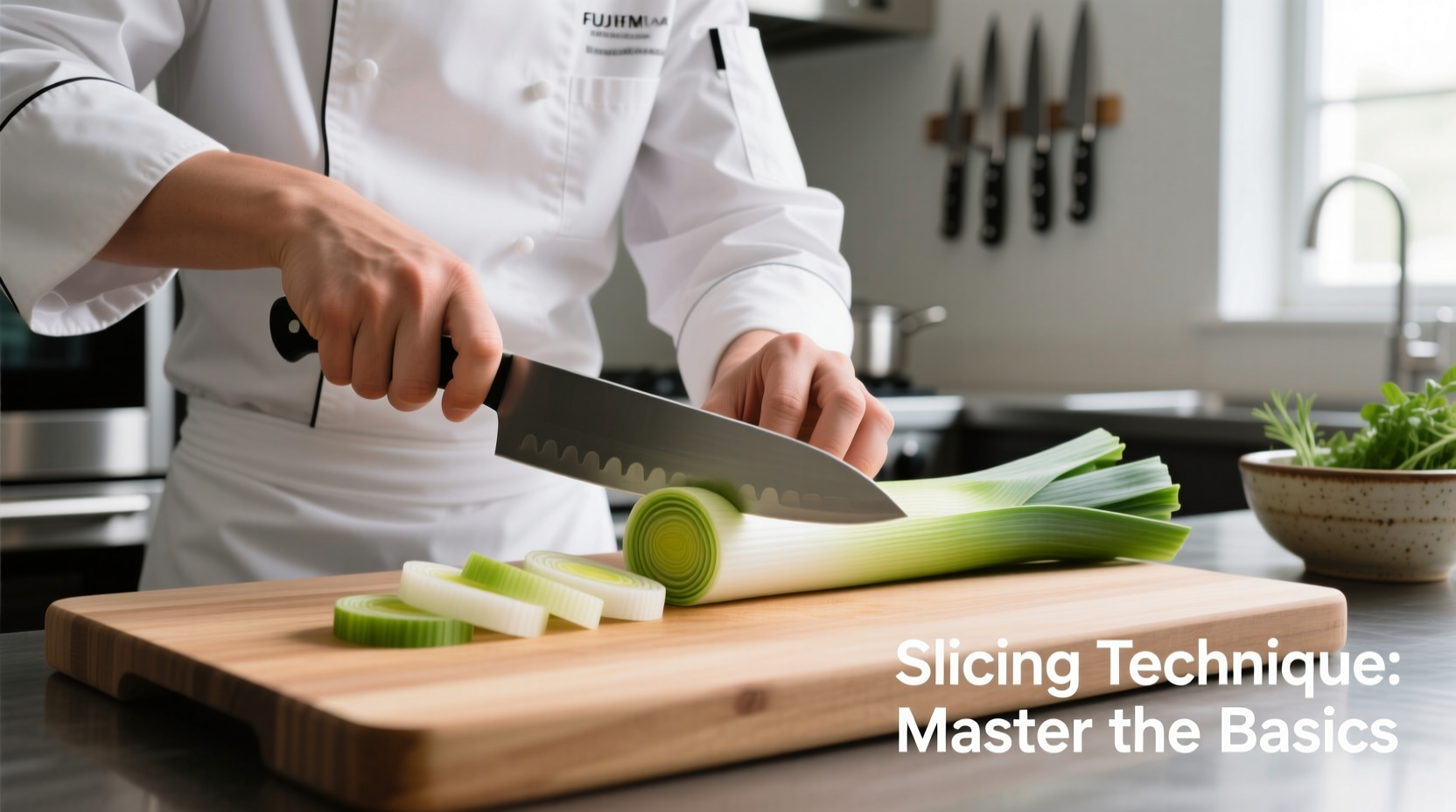 Chef demonstrating proper leek slicing technique