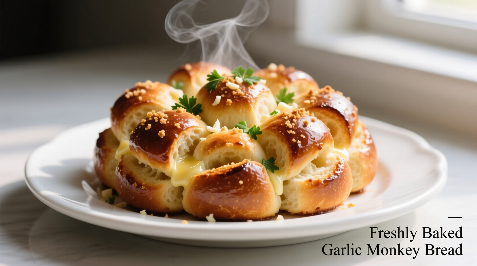 Freshly baked garlic monkey bread on white plate