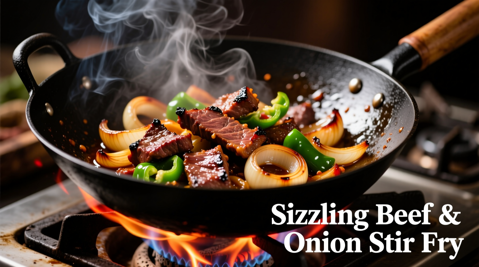Sizzling beef onion stir fry in traditional wok