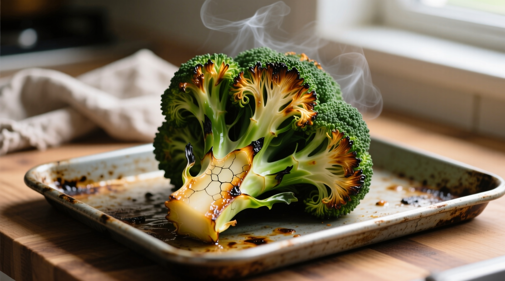Perfectly roasted broccoli with caramelized edges on baking sheet