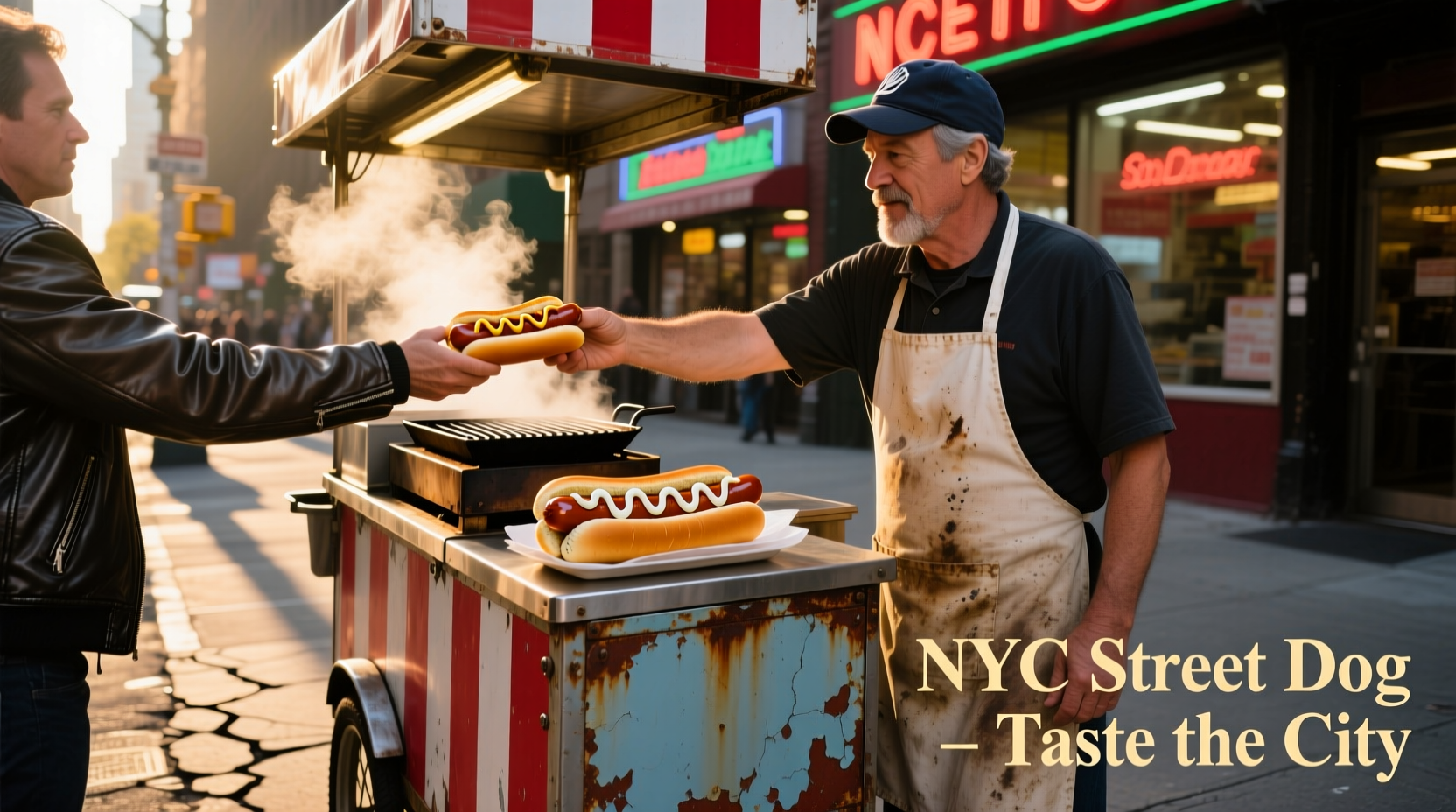 New York street cart serving hot dogs with onion sauce