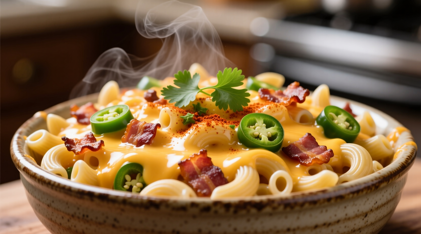 Bacon and jalapeño mac and cheese in serving bowl