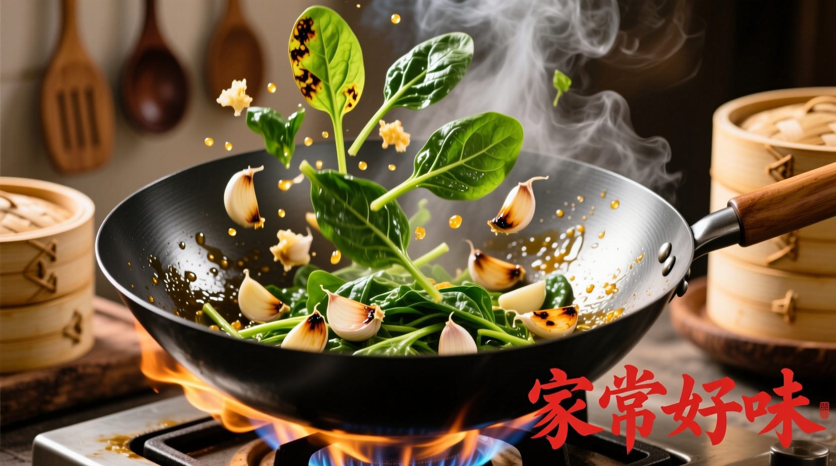 Wok-tossed spinach with garlic in traditional Chinese style