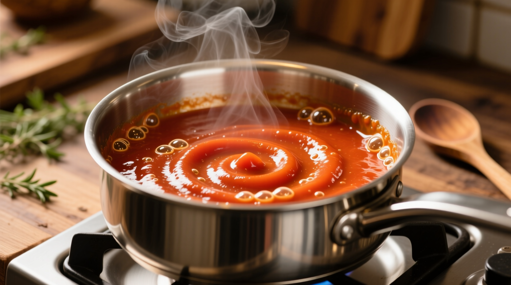 Creamy tomato sauce simmering in stainless steel pot