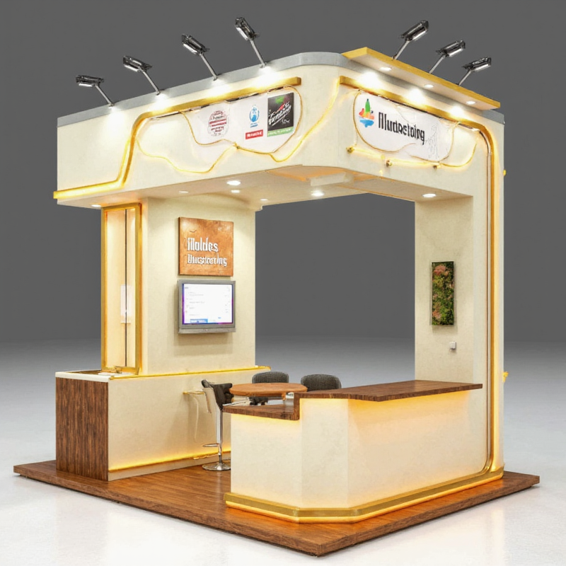 3D Booth Design Software for Architects, material: wooden, showcasing elegant, realistic wooden textures.