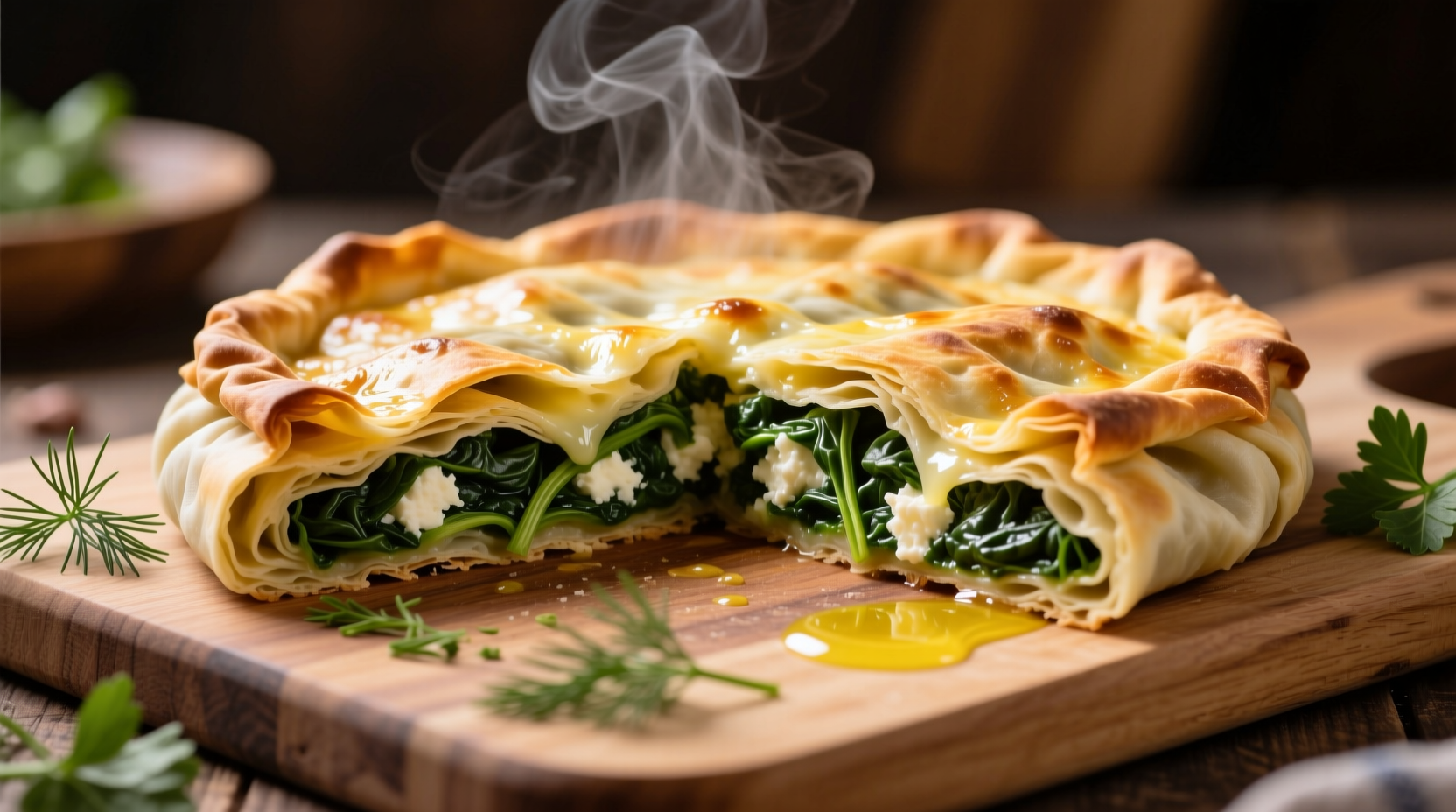 Traditional Greek spinach pie cut open showing flaky layers