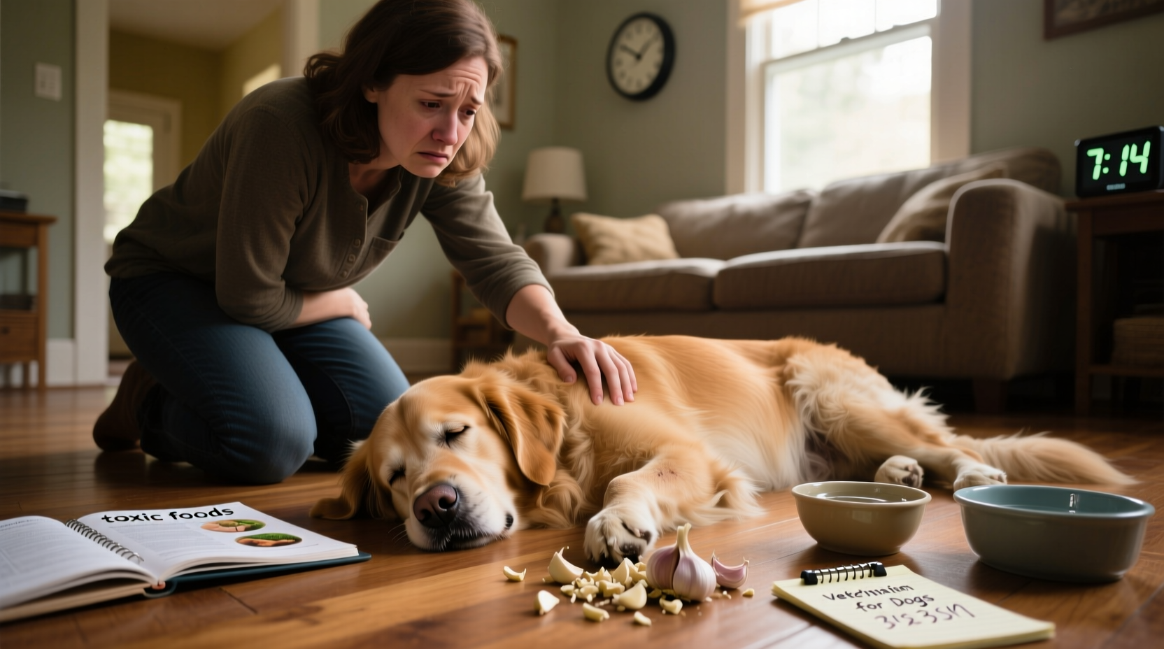 Dog owner checking on sick dog after garlic exposure