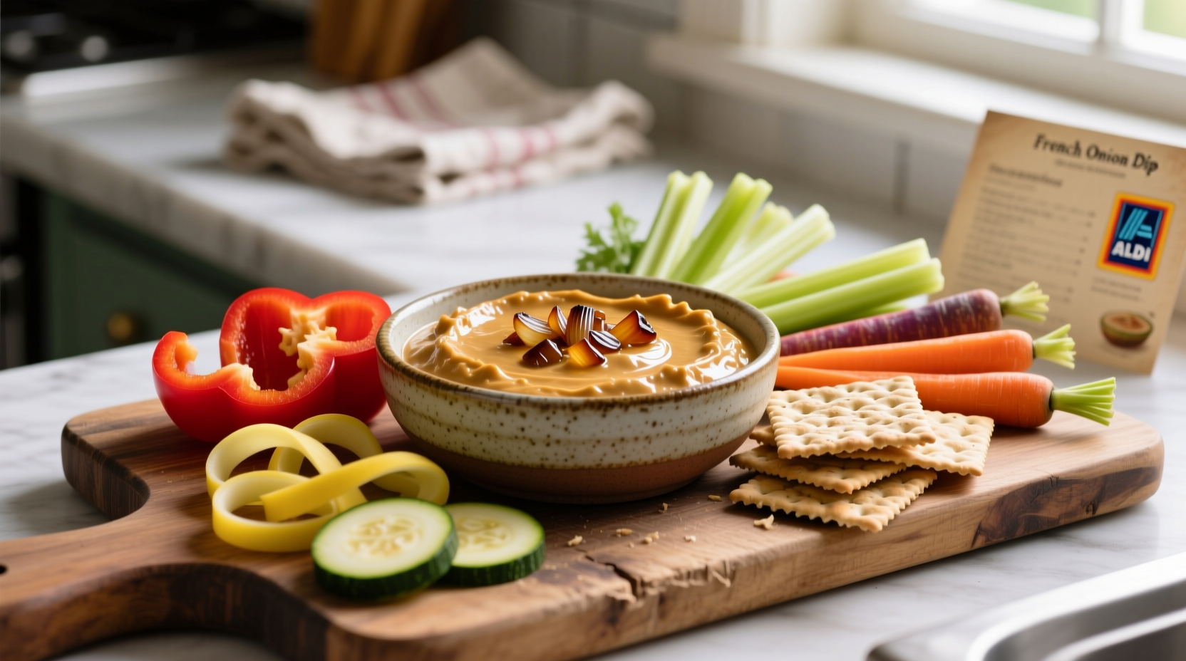 Aldi French Onion Dip served with fresh vegetables and crackers