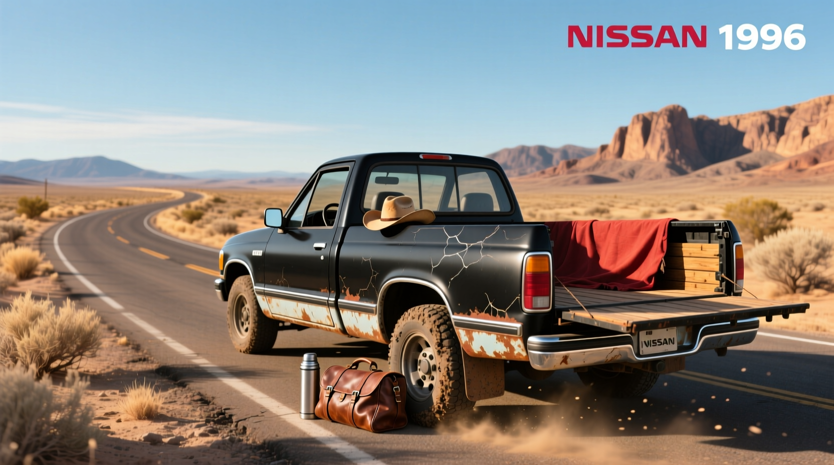 Side view of a silver 1996 Nissan pickup truck on gravel road