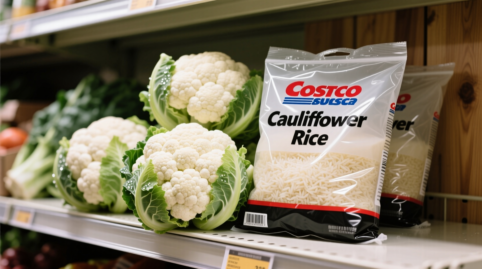 Costco cauliflower rice bags next to fresh cauliflower