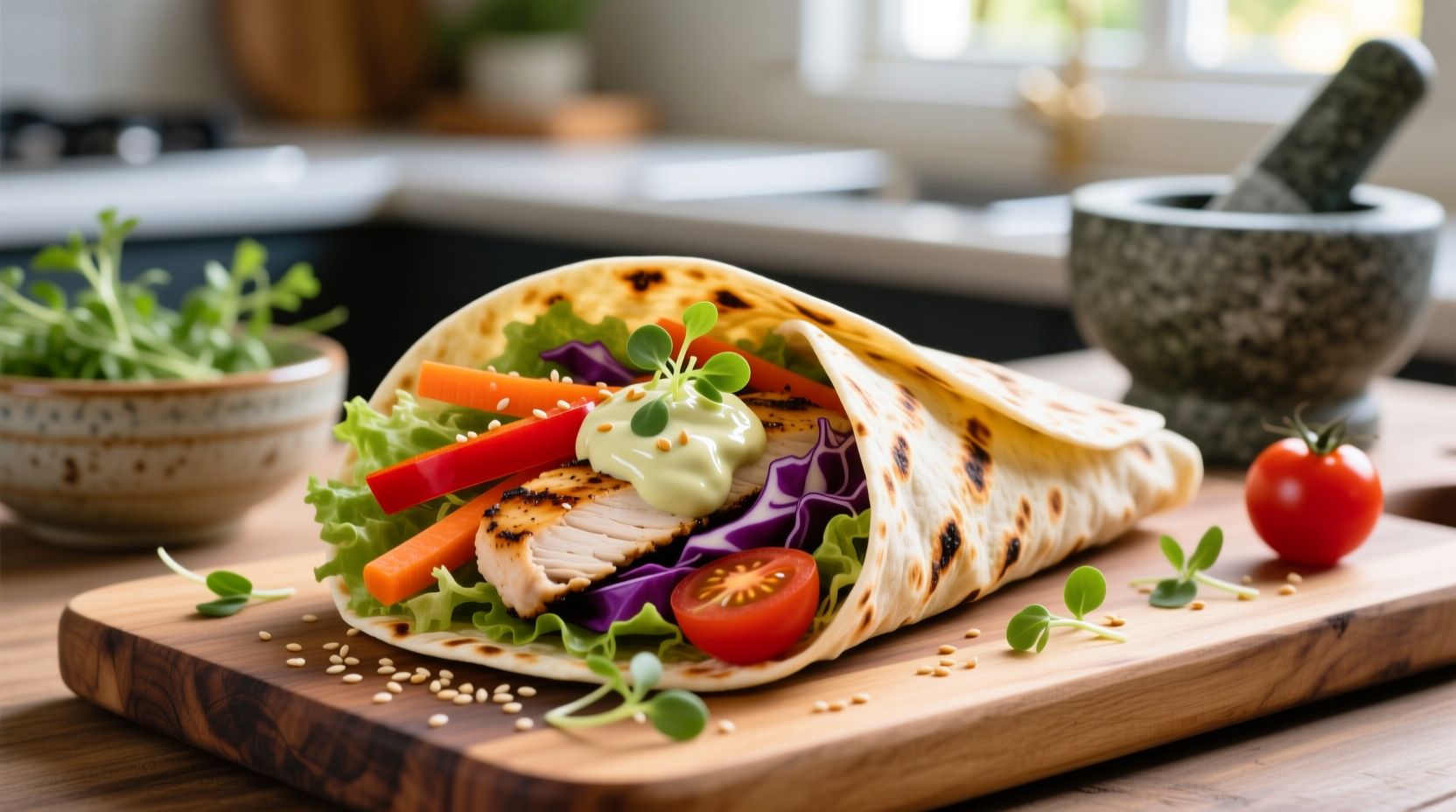 Fresh garlic chicken wrap with colorful vegetables