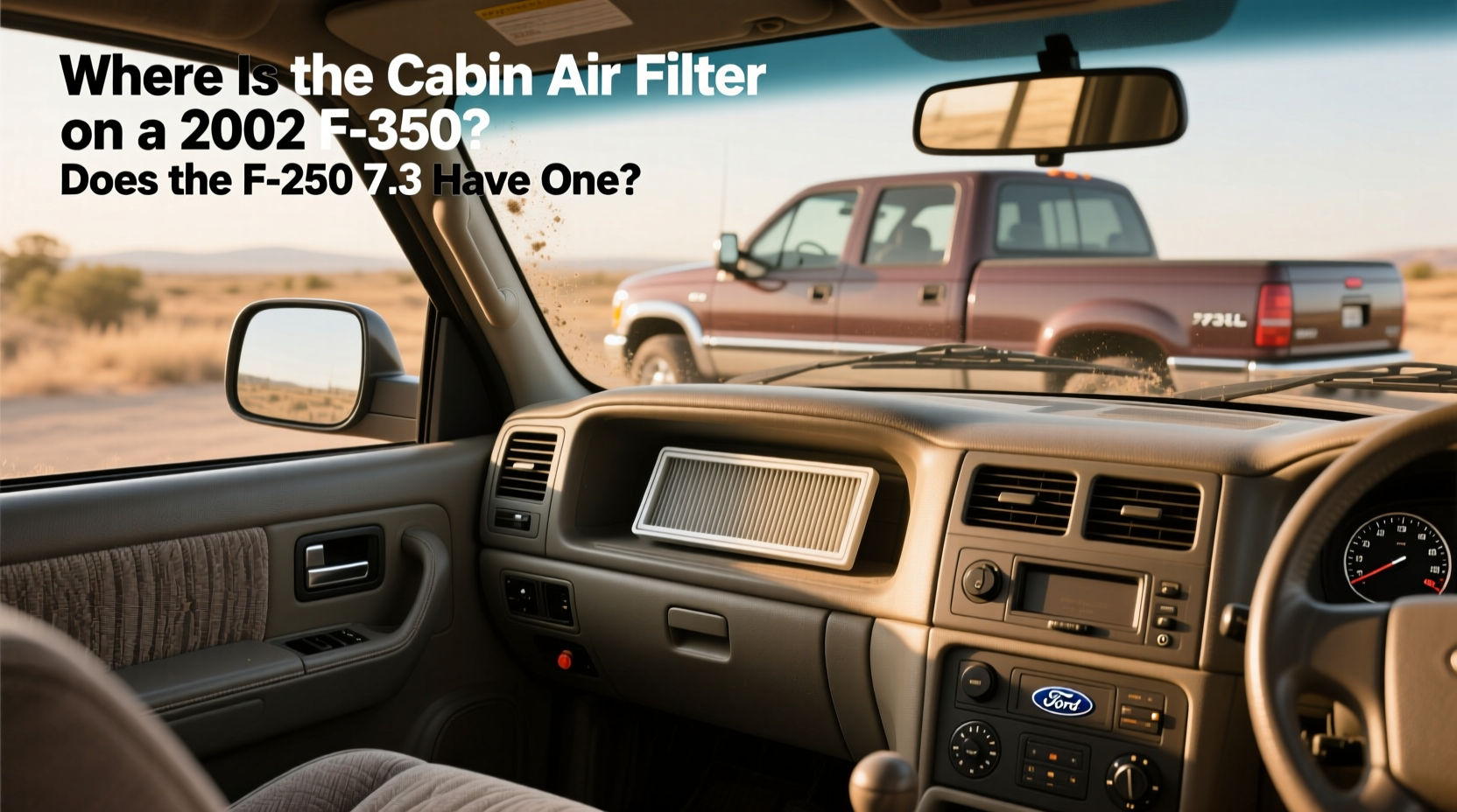 2002 F350 cabin air filter location showing access behind glove box